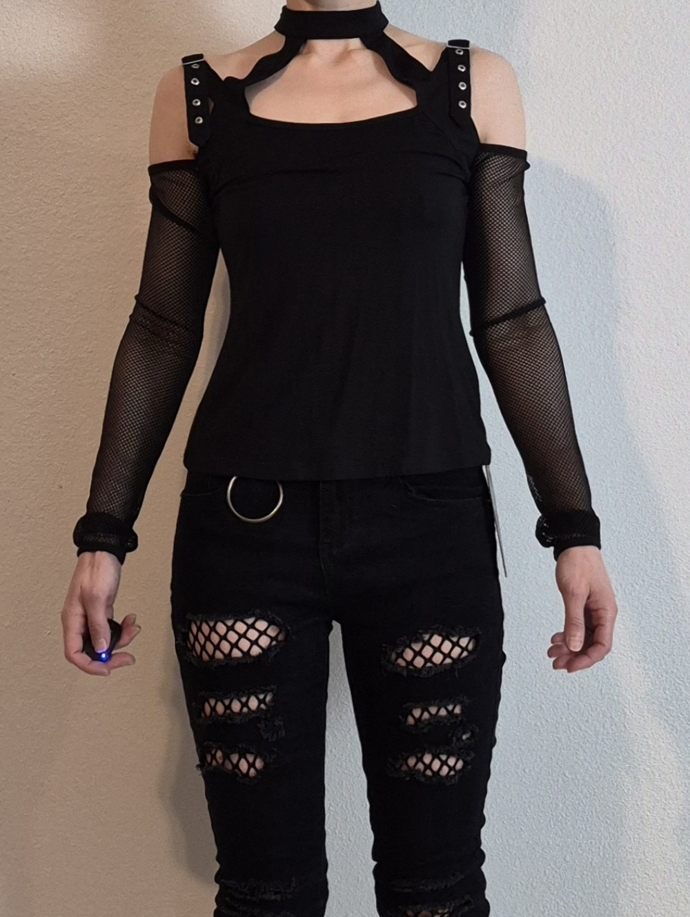 Killstar Ur Punk Black Cold-Shoulder Top with Fishnet Sleeves Size XS